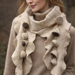Nicky Thomson Cozy Cream and Brown Pom-Pom Scarf